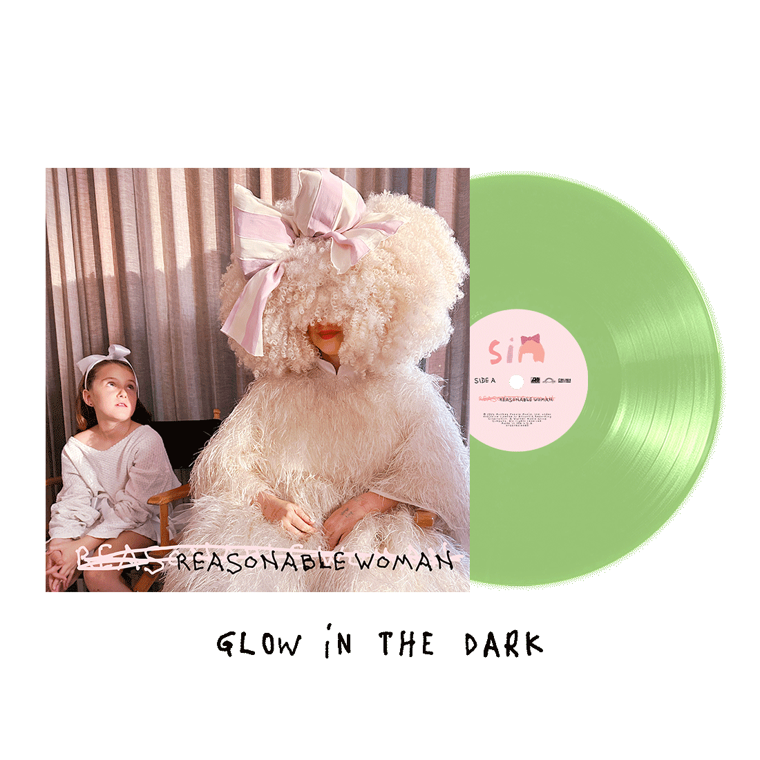 Album cover featuring a person in a fluffy white costume with a pink bow sitting next to a green vinyl record.