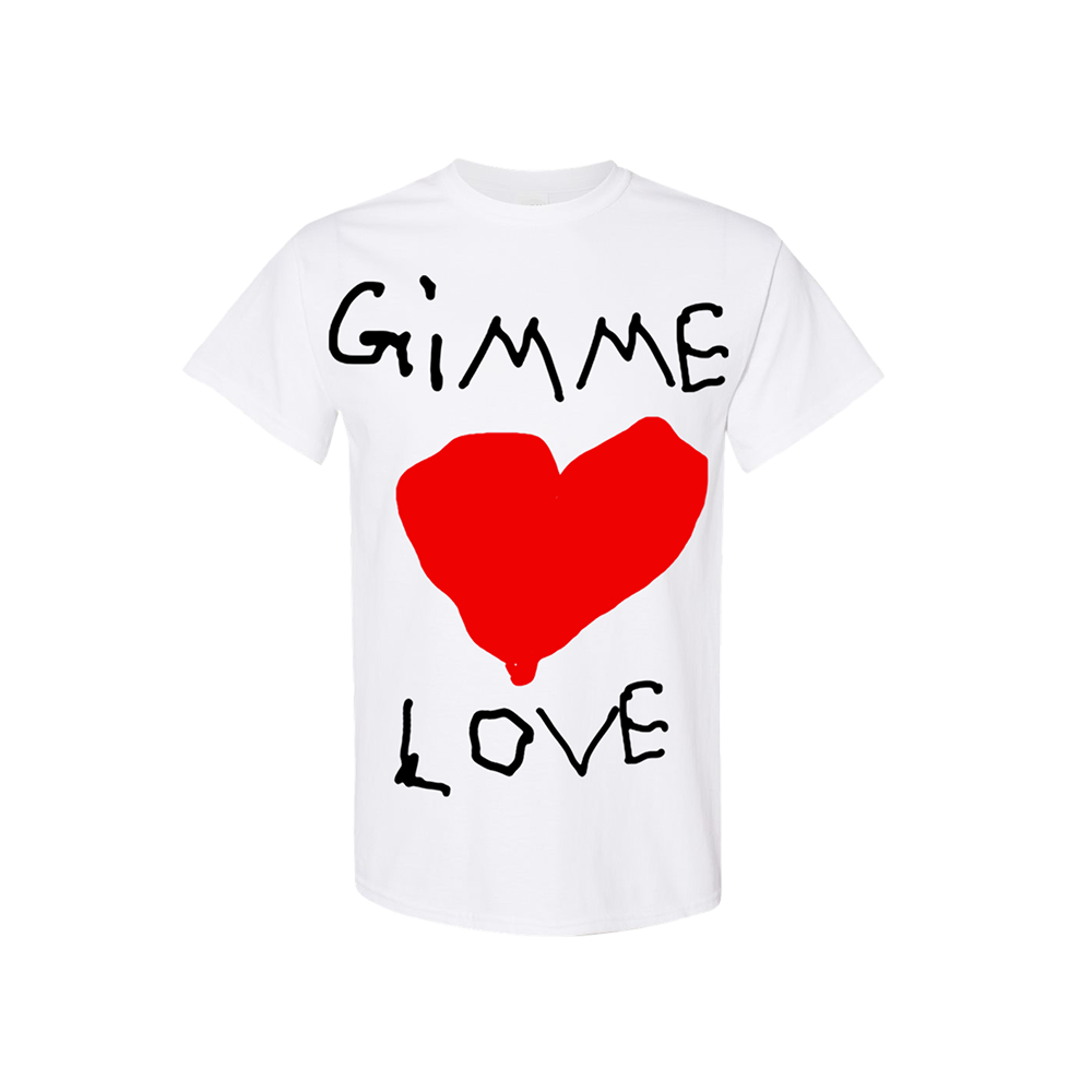White t-shirt with ’GIMME LOVE’ text and a red heart design.
