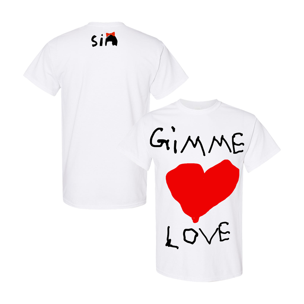 White t-shirt with ’Gimme Love’ text and a red heart design on the back.
