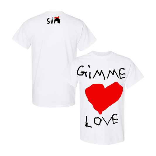 White t-shirt with ’Gimme Love’ text and a red heart design on the back.