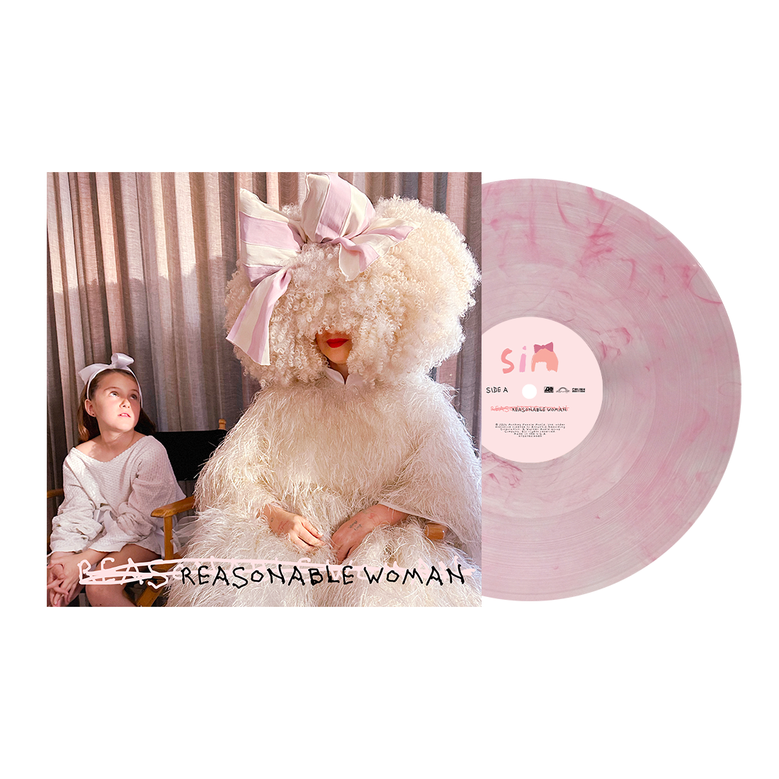 Pink marbled vinyl record album titled ’Reasonable Woman’ featuring an unusual fluffy white costume figure with a pink bow.