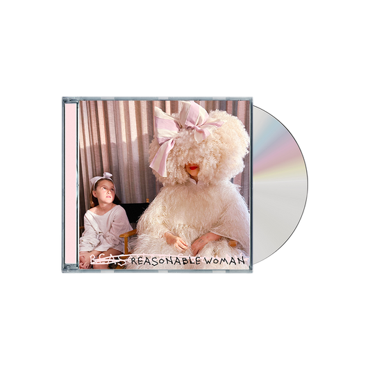 CD album cover titled ’Reasonable Woman’ featuring a child and a person in a large fluffy white costume with a pink bow.