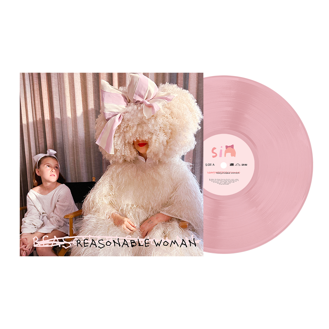 Pink vinyl record album titled ’Reasonable Woman’ featuring an unusual cover image with a person in a fluffy white costume.