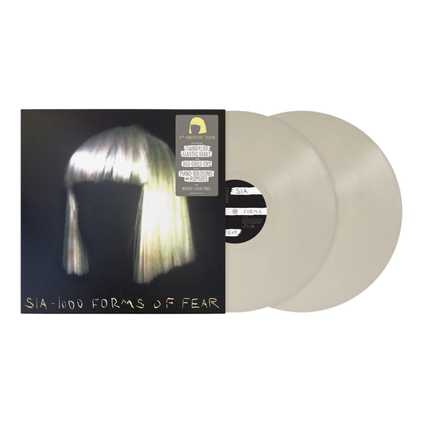 Vinyl record album of Sia’s ’1000 Forms of Fear’ with distinctive cover art featuring a blonde wig.