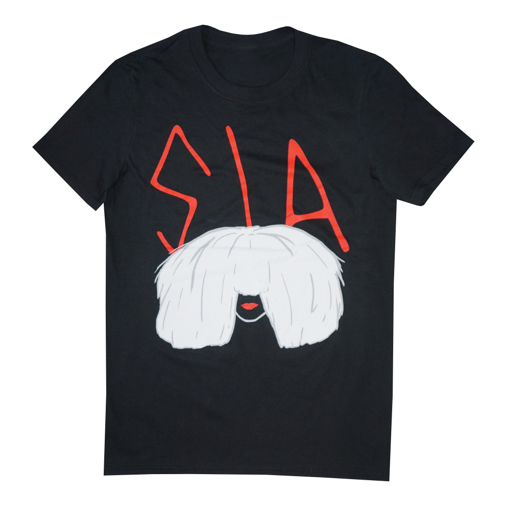Black t-shirt with ’SIA’ written in red and a stylized white hair graphic covering eyes.