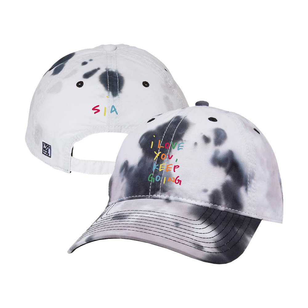 Tie-dye baseball cap with colorful text embroidery.
