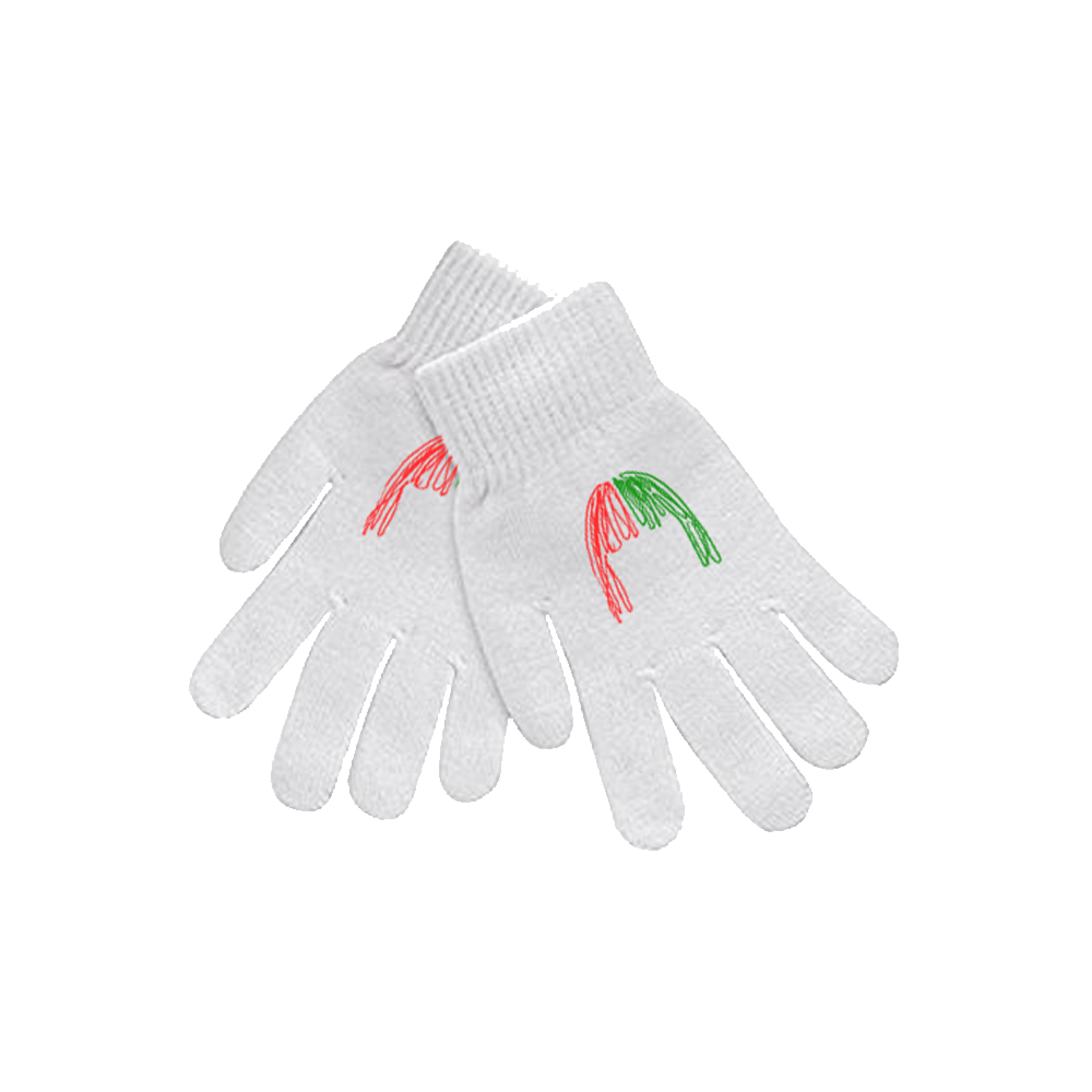 White knit gloves with red and green decorative designs on the backs.