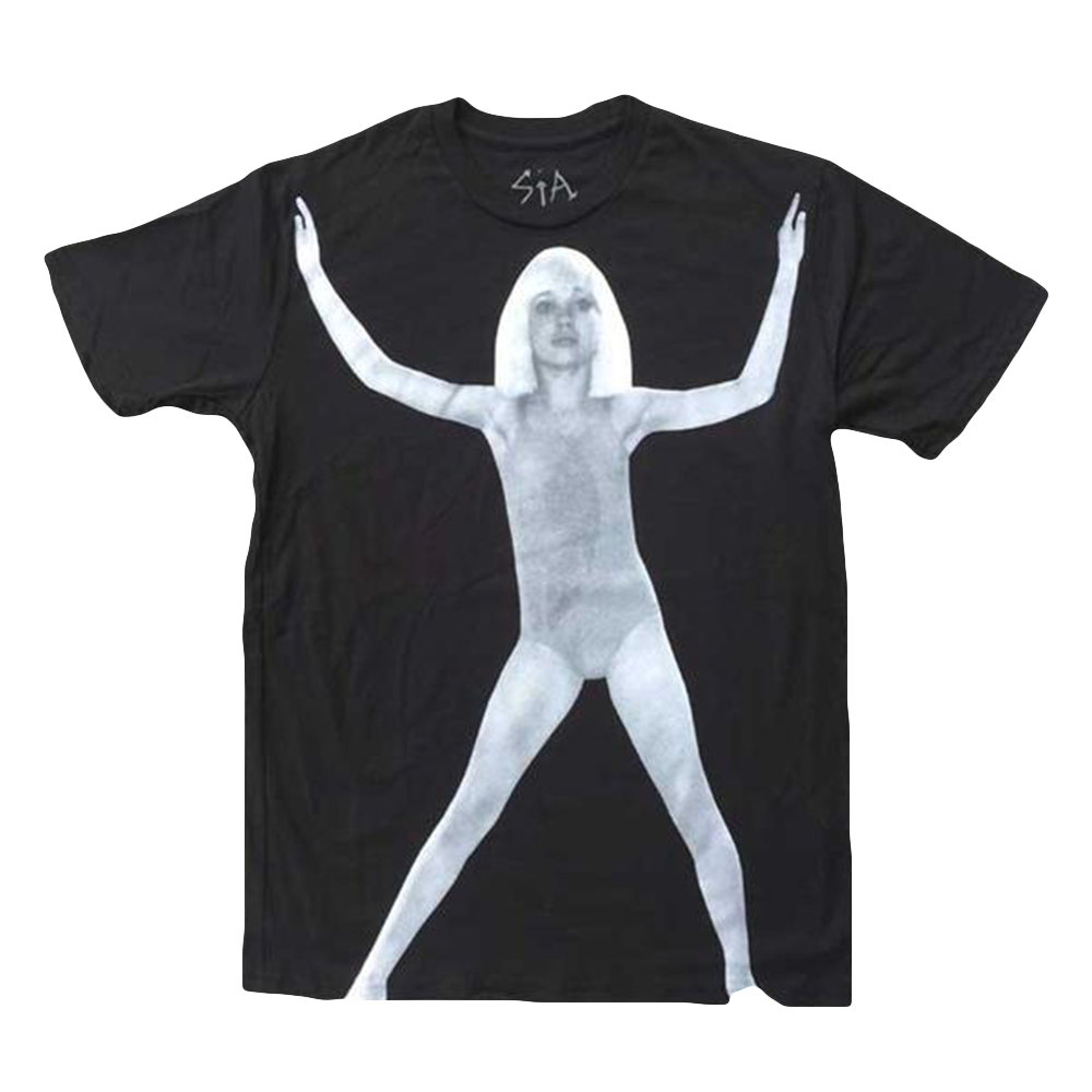 Black t-shirt with a white silhouette print of a person with arms raised.
