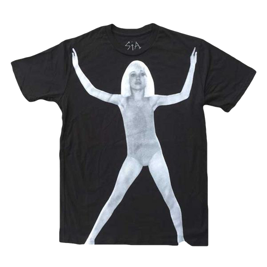 Black t-shirt with a white silhouette print of a person with arms raised.