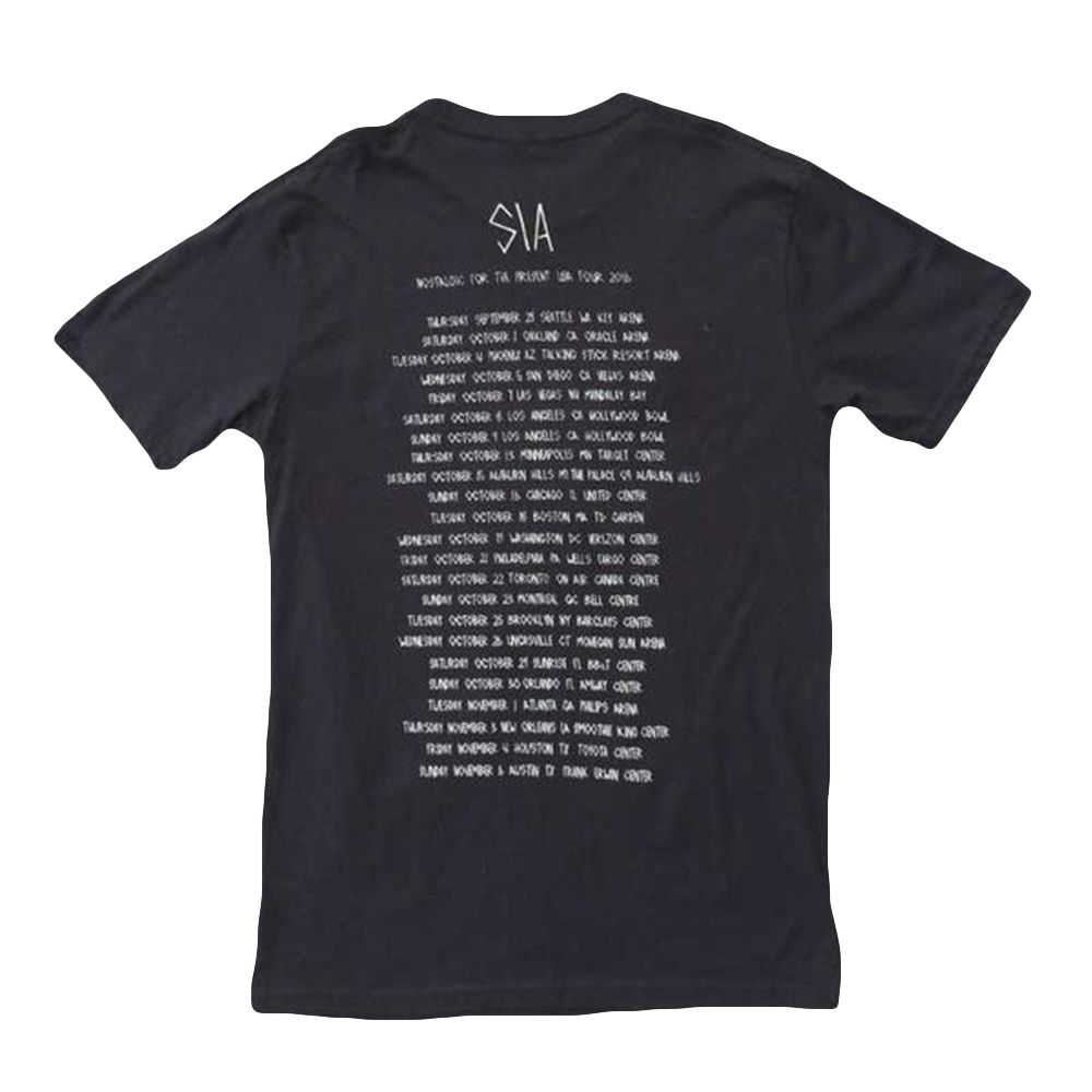 Dark-colored t-shirt with text printed on the back listing tour dates.