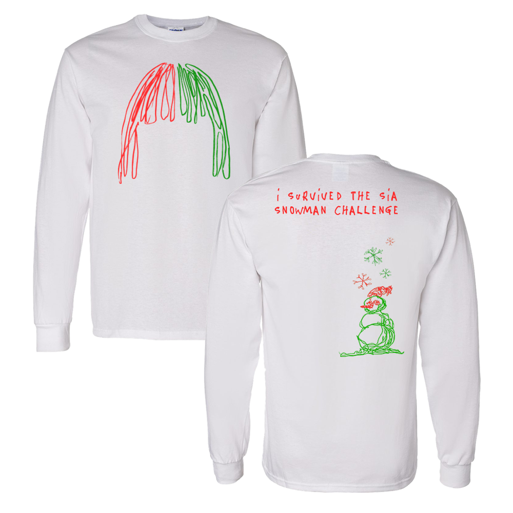 White long-sleeved t-shirt with red and green designs on front and back.