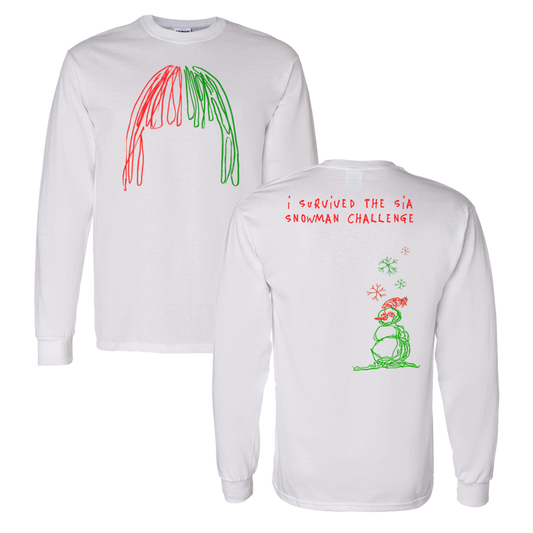 White long-sleeved t-shirt with red and green designs on front and back.