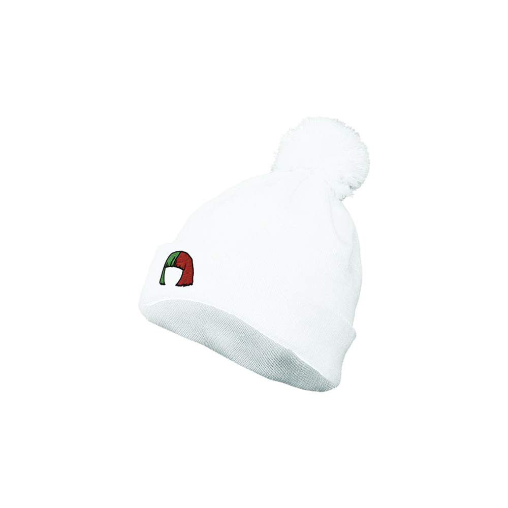 White knit winter hat with a pom-pom and a small Italian flag emblem.