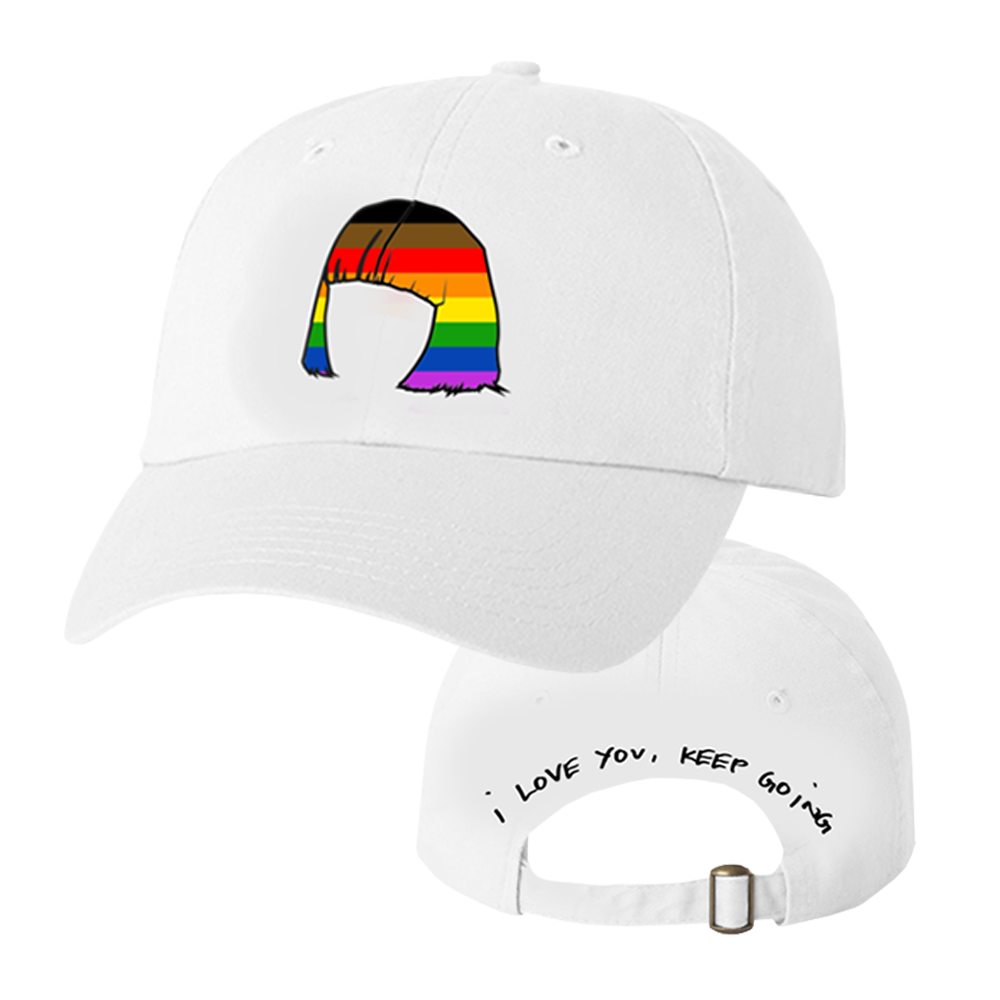 White baseball cap with a rainbow-colored hair silhouette logo on the front and ’I love you, keep going’ text on the back.