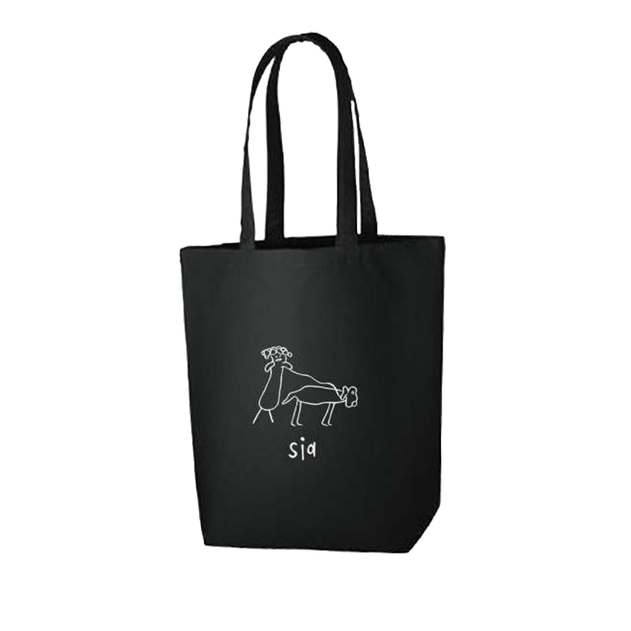 Black tote bag with a simple line drawing of a dog and the word ’sig’ printed on it.