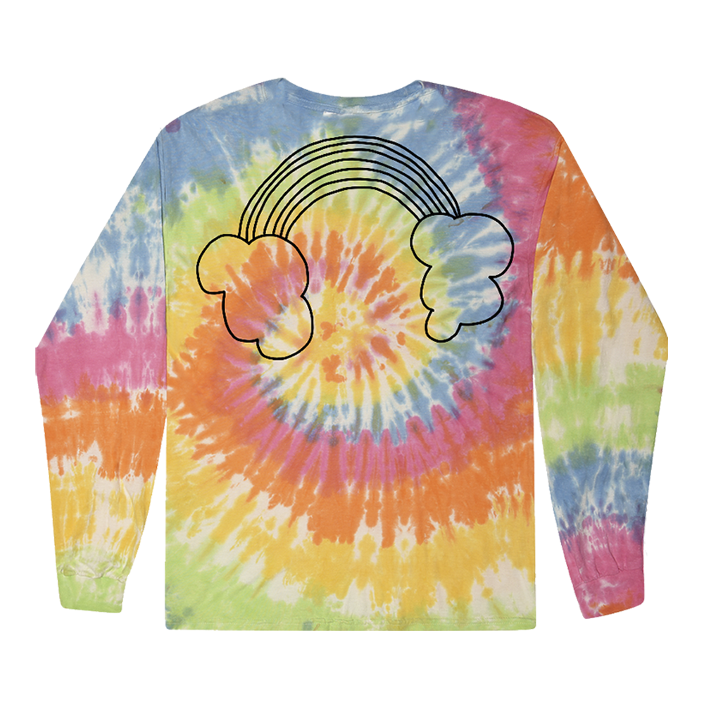 Tie-dye long-sleeved shirt with a rainbow design on the front.