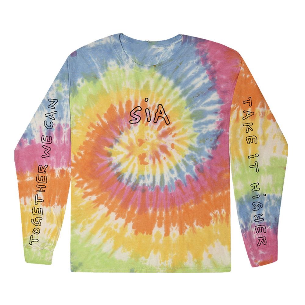 Tie-dye long-sleeved shirt with ’SIA’ printed on the front and text along the sleeves.