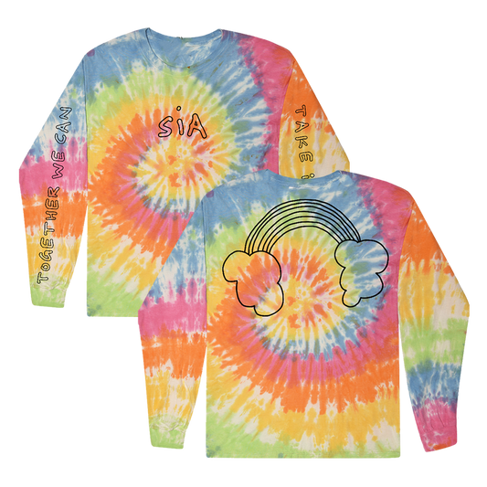 Tie-dye long-sleeved shirt with ’SIA’ text and rainbow cloud design.