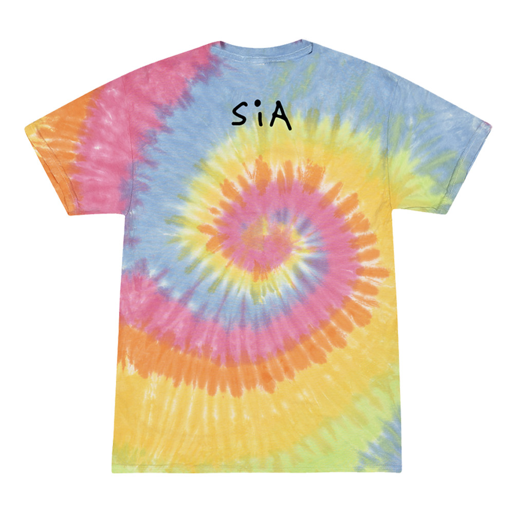 Tie-dye t-shirt with ’SiA’ printed on the chest in black letters.