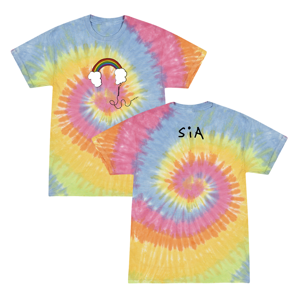 Tie-dye t-shirt with a rainbow and headphones design on the front and ’SiA’ text on the back.