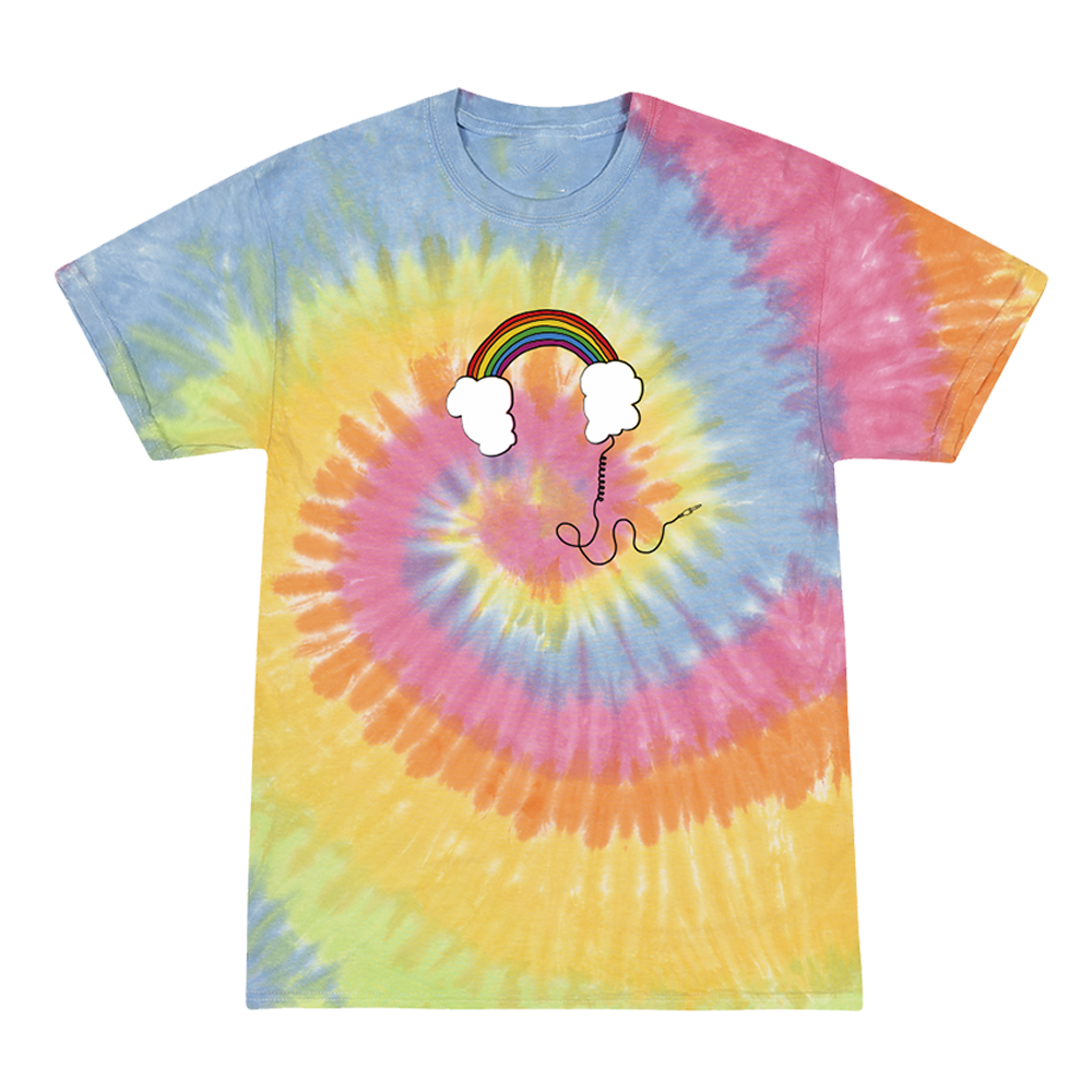 Tie-dye t-shirt featuring a rainbow design with cloud-like ends and dangling earbuds.