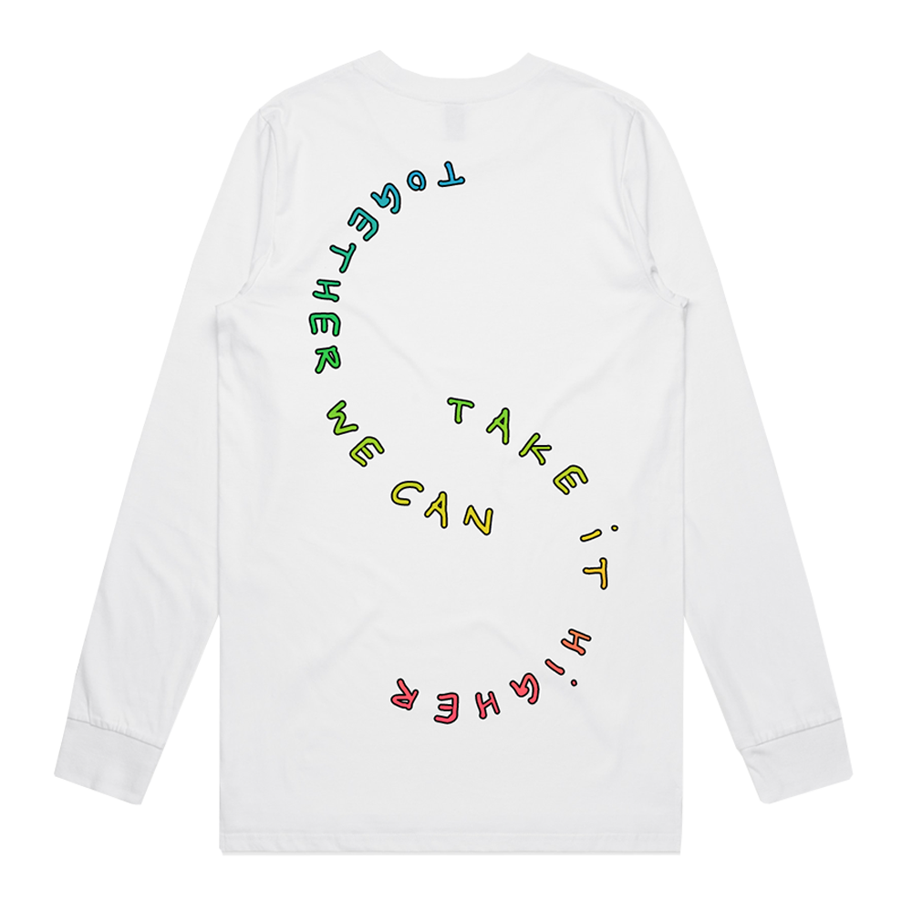 White long-sleeved shirt with colorful text curving around the back.