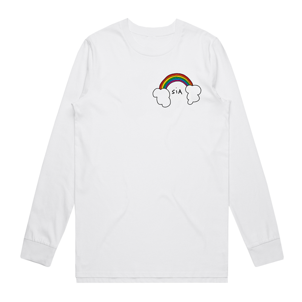 White long-sleeved shirt with a rainbow and clouds design featuring ’SIA’ text.
