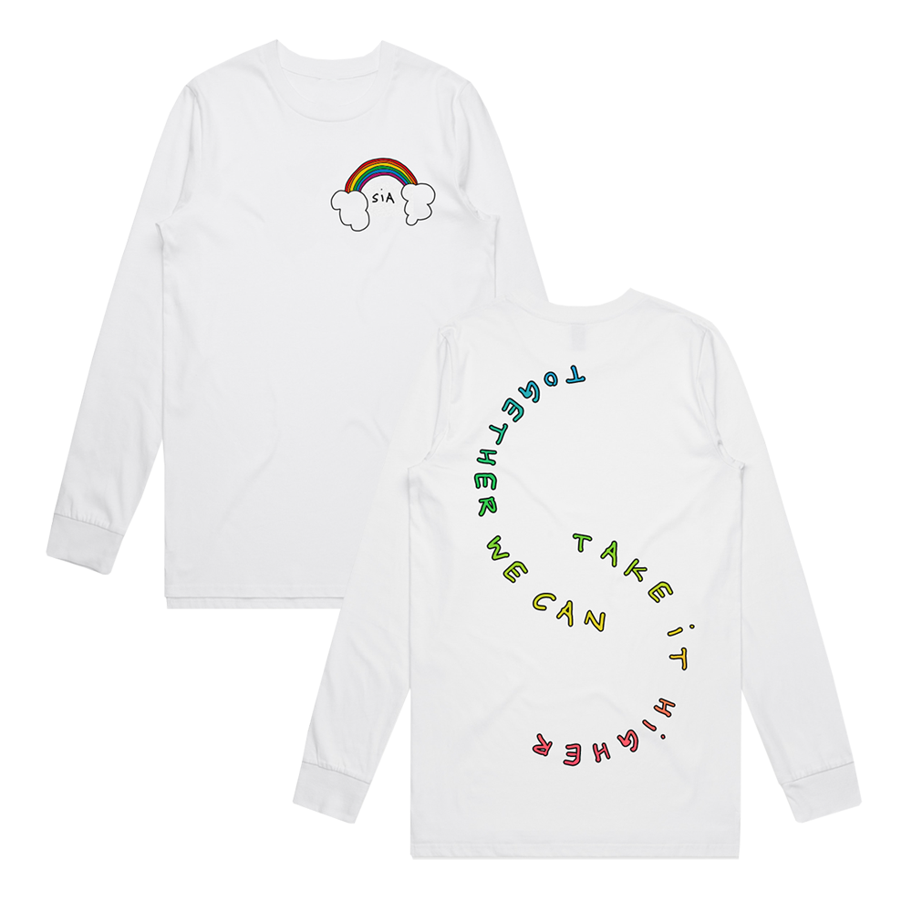 White long-sleeved t-shirt with rainbow graphics and text.