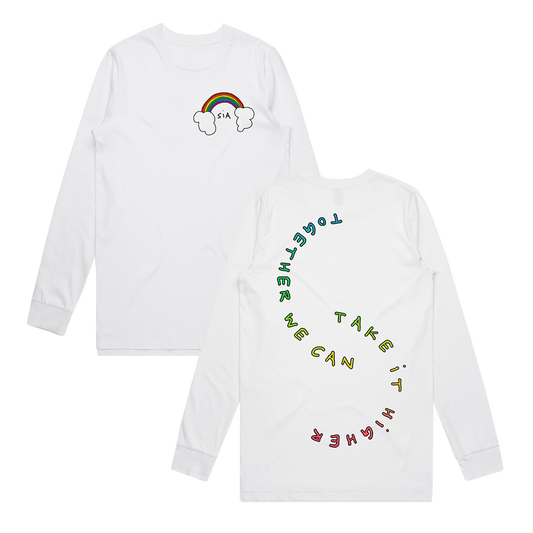 White long-sleeved t-shirt with rainbow graphics and text.