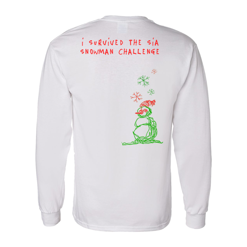 White long-sleeved t-shirt with a snowman design and text on the back.