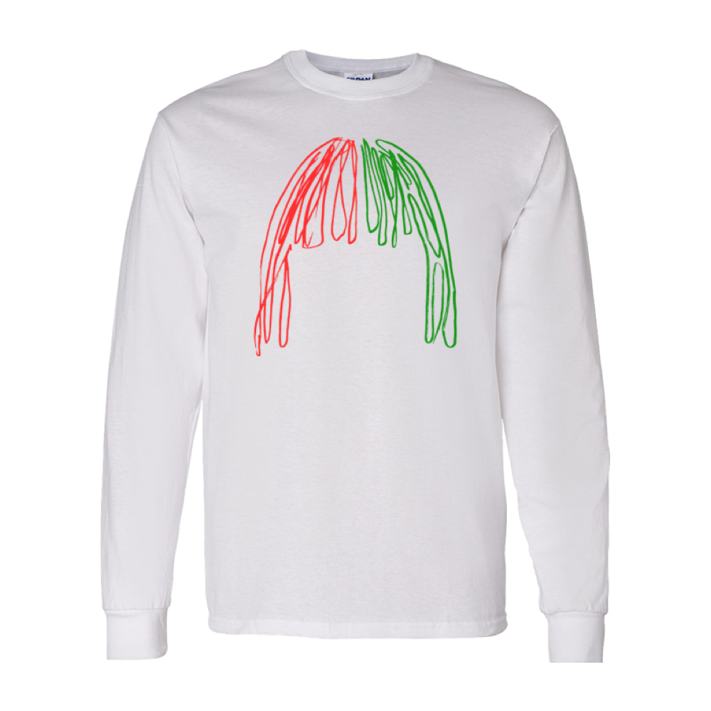 White long-sleeved t-shirt with a red and green abstract hair-like design on the front.