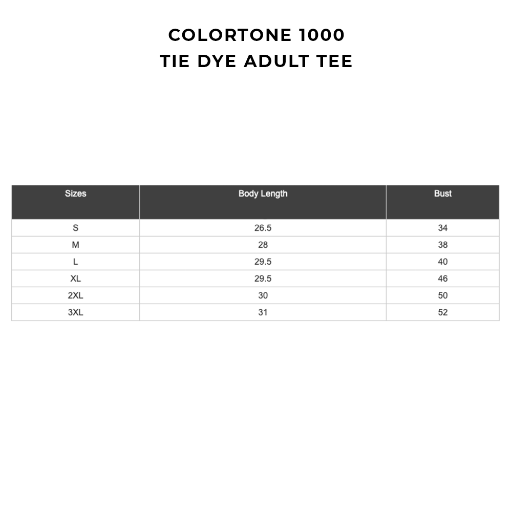 Size chart for Colortone 1000 tie dye adult t-shirts showing body length and bust measurements for sizes S through 3XL.