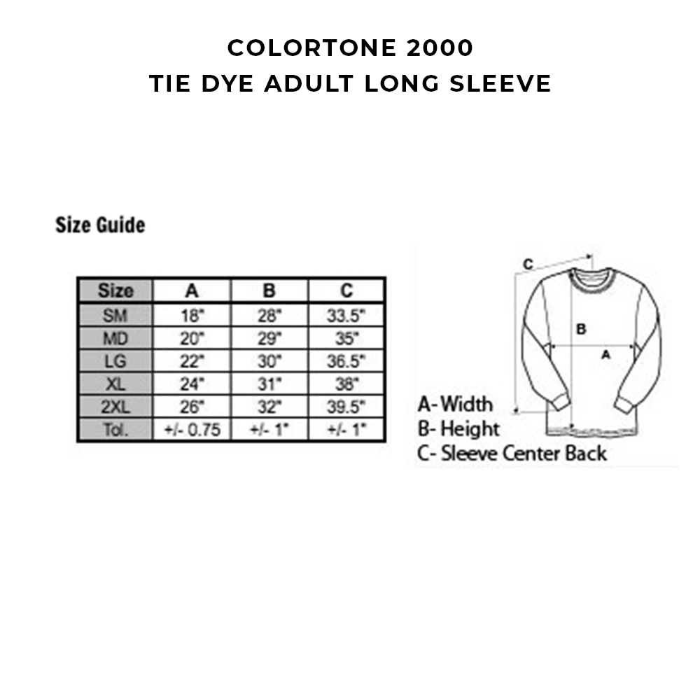 Size guide chart for Colortone 2000 tie dye adult long sleeve shirts.