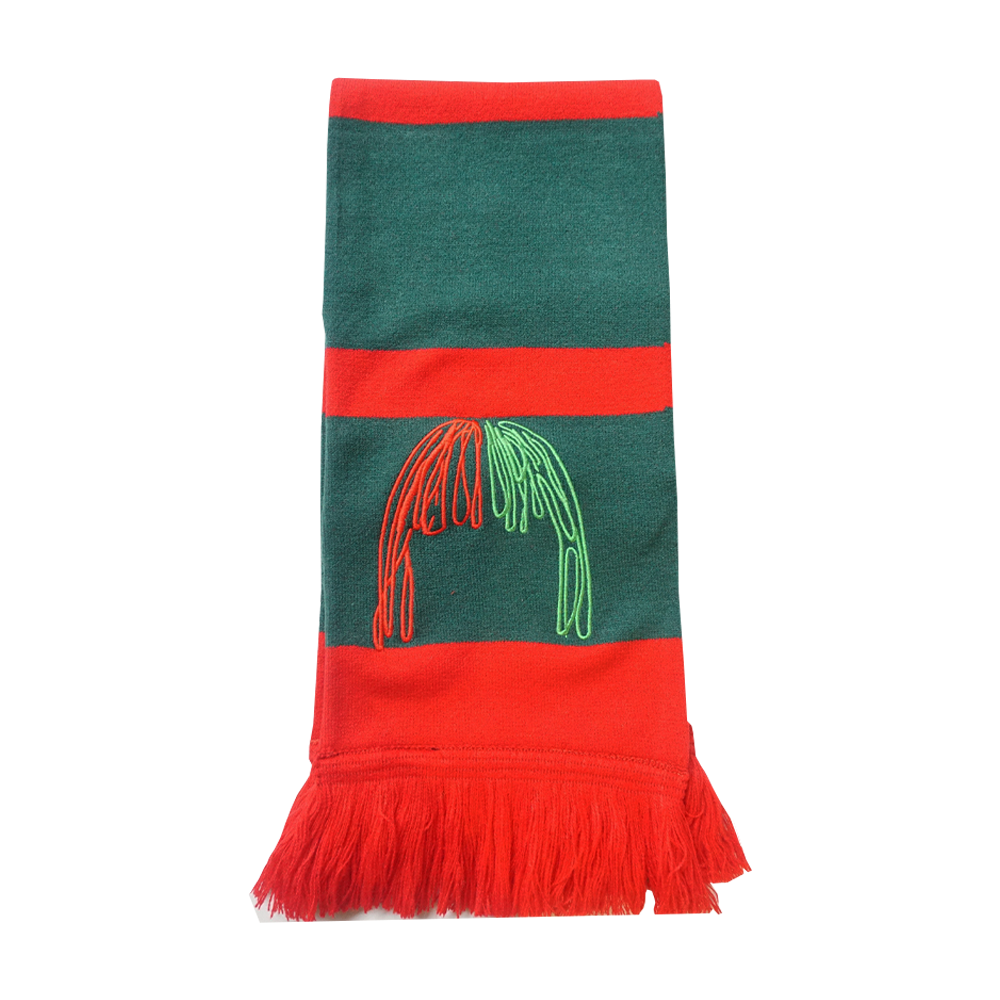 Green and red striped scarf with embroidered design and fringed end.