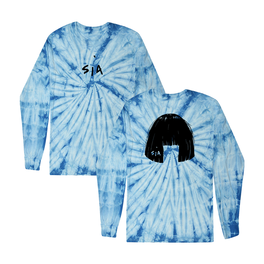 Tie-dyed blue long-sleeved shirts with ’Sia’ branding and a black hair silhouette design.