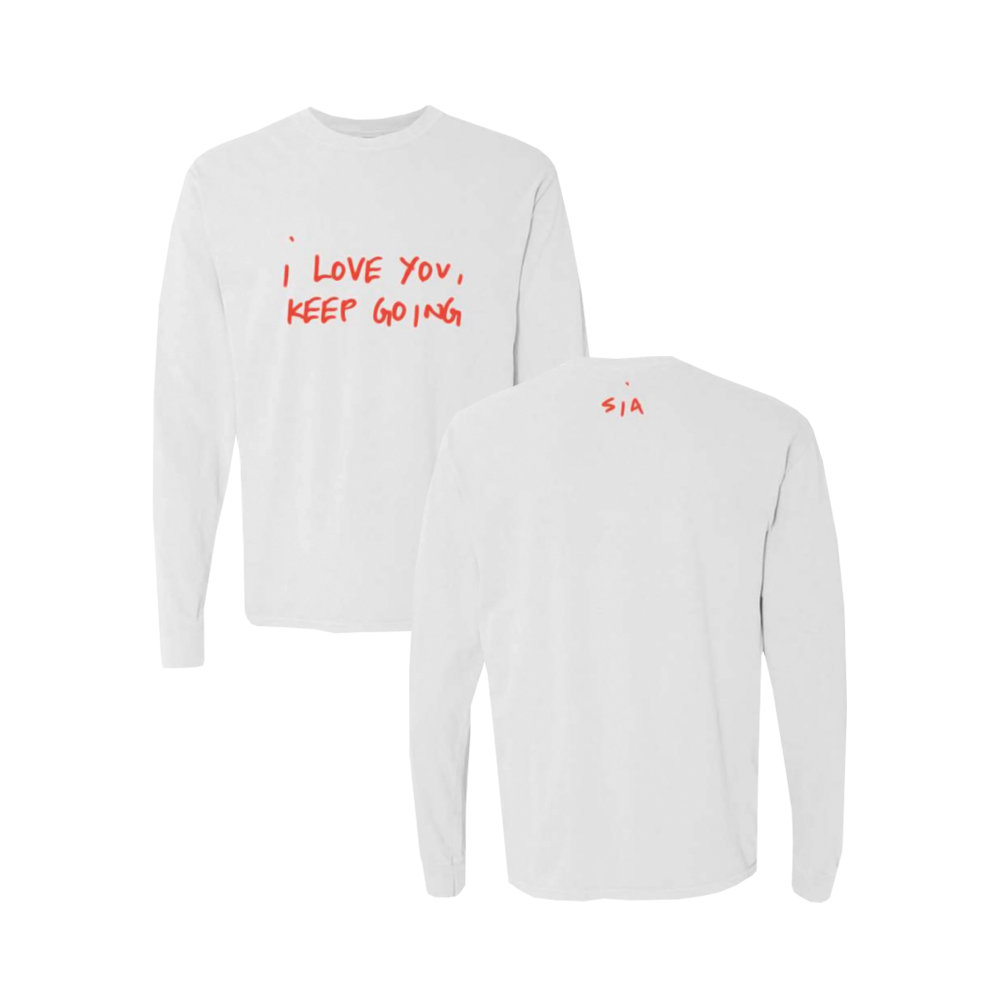 White long-sleeved shirt with red text reading ’I LOVE YOU, KEEP GOING’ on the front and ’SIA’ on the back.