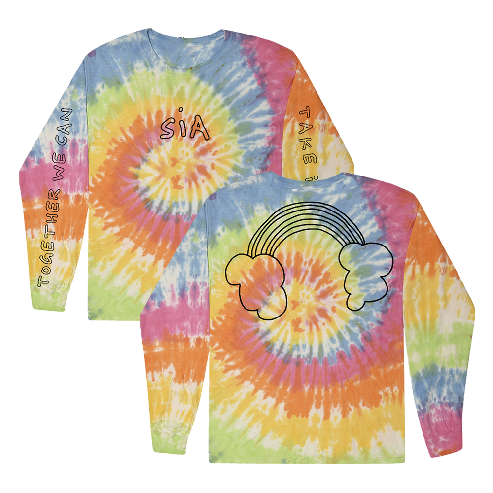 Tie-dye long-sleeved shirt with ’SIA’ text and rainbow cloud design.