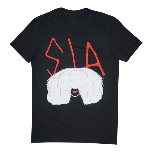 Black t-shirt with ’SIA’ written in red and a stylized white hair graphic covering eyes.