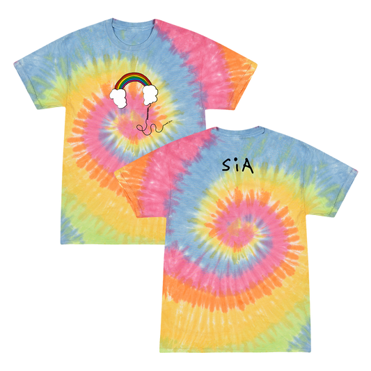 Tie-dye t-shirt with a rainbow and headphones design on the front and ’SiA’ text on the back.